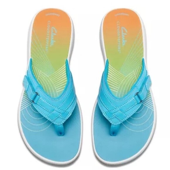 Clarks Cloud Steppers Breeze Sea Flip Flops Turquoise/Coral Ombre 🆕⌚📦🏃💨🚚 - Picture 1 of 16
